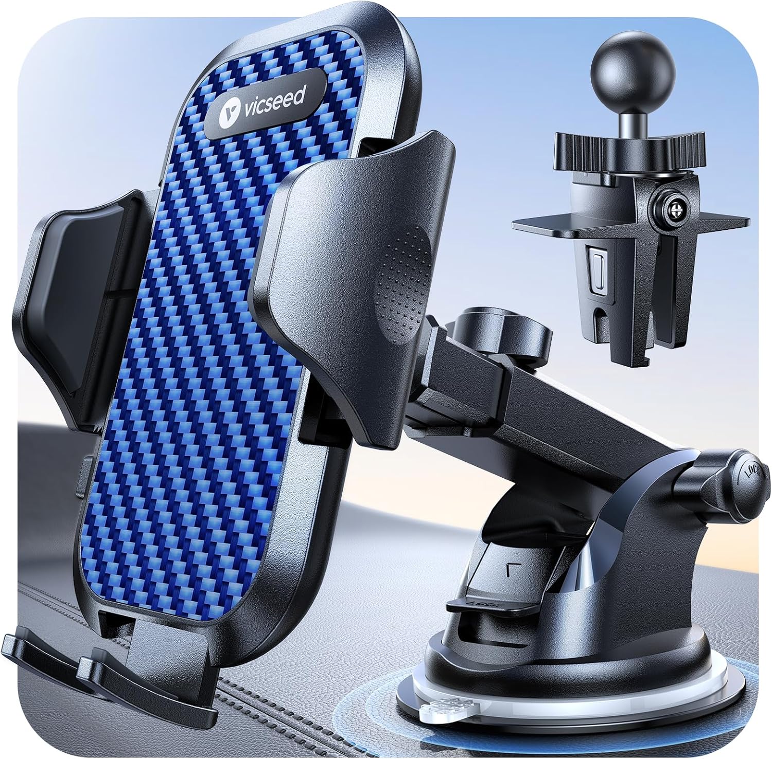 VICSEED Dark Blue Phone Holders for Your Car [Upgraded True Military-Grade Strongest Suction] Cell Phone Mount for Car Dashboard Windshield Vent Truck Boat Stand Adjustable for iPhone Android