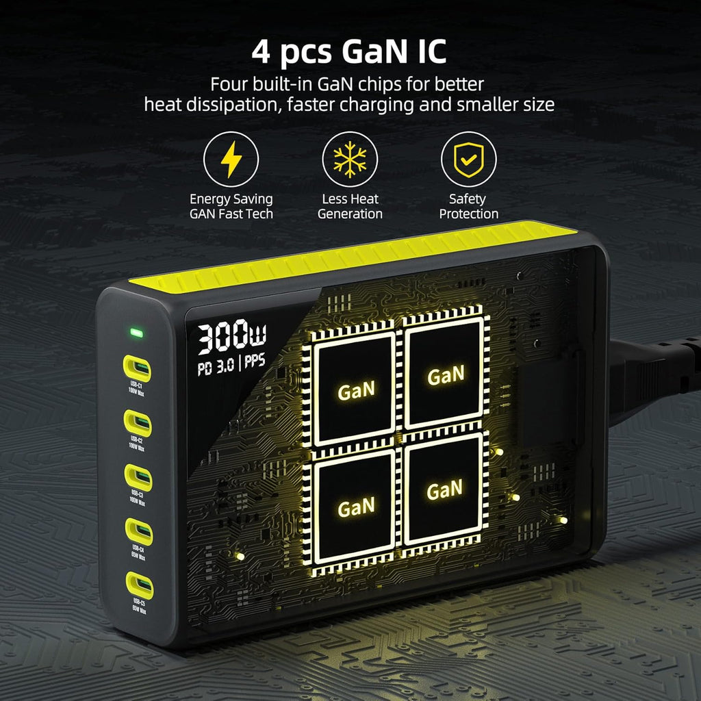 HUNDA 300W USB C Charger GaN Charging Station Desktop 5 Ports PD 100W Fast Power Adapter Support PD3.0 /PPS 45W /QC5 for MacBook Pro/Air, iPhone 15 Pro,Samsung,HP,Dell etc
