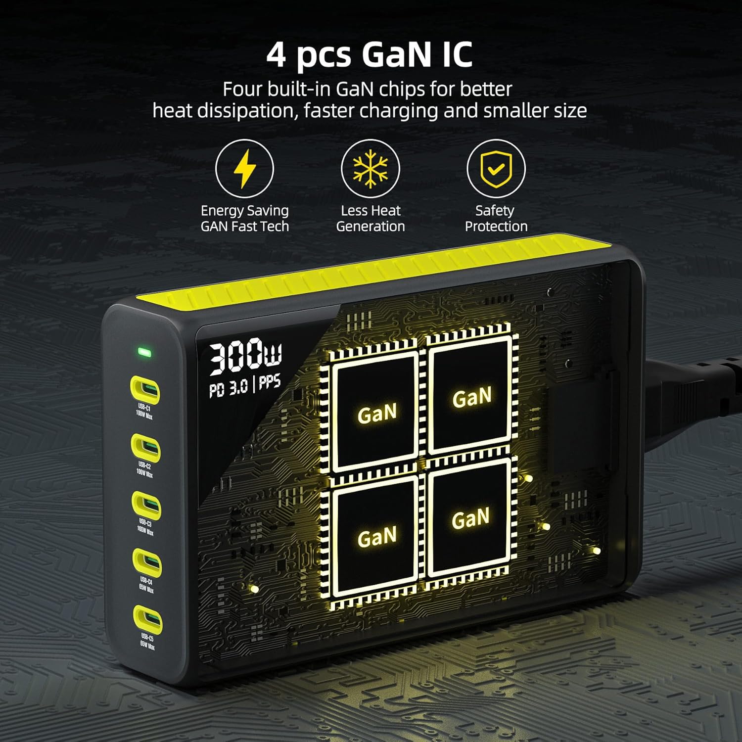 HUNDA 300W USB C Charger GaN Charging Station Desktop 5 Ports PD 100W Fast Power Adapter Support PD3.0 /PPS 45W /QC5 for MacBook Pro/Air, iPhone 15 Pro,Samsung,HP,Dell etc