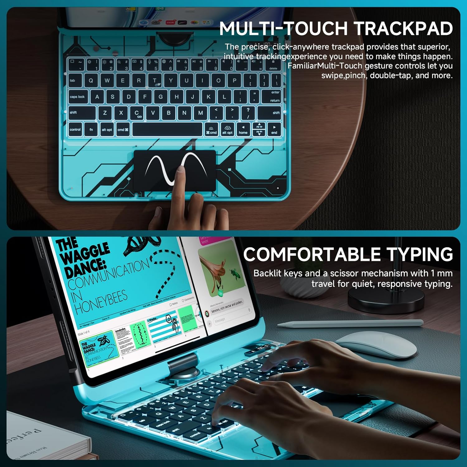 Transparent Case with Keyboard for iPad Air 13 Inch (M3/M2, 2025/2024), iPad Pro 12.9 Inch (6/5/4/3 Gen),7-Color Backlit,Magic Wireless Keyboard, 360°Rotating,with trackpad,Pencil Holder,Blue
