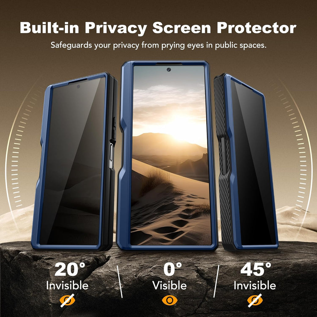 TONGATE for Z Fold 6 Case, [with S Pen Slot & Hinge Protection] [Privacy Glass Screen Protector] Full-Body Military Drop Phone Case for Samsung Galaxy Z Fold 6 with Kickstand & Belt Clip, Blue Privacy