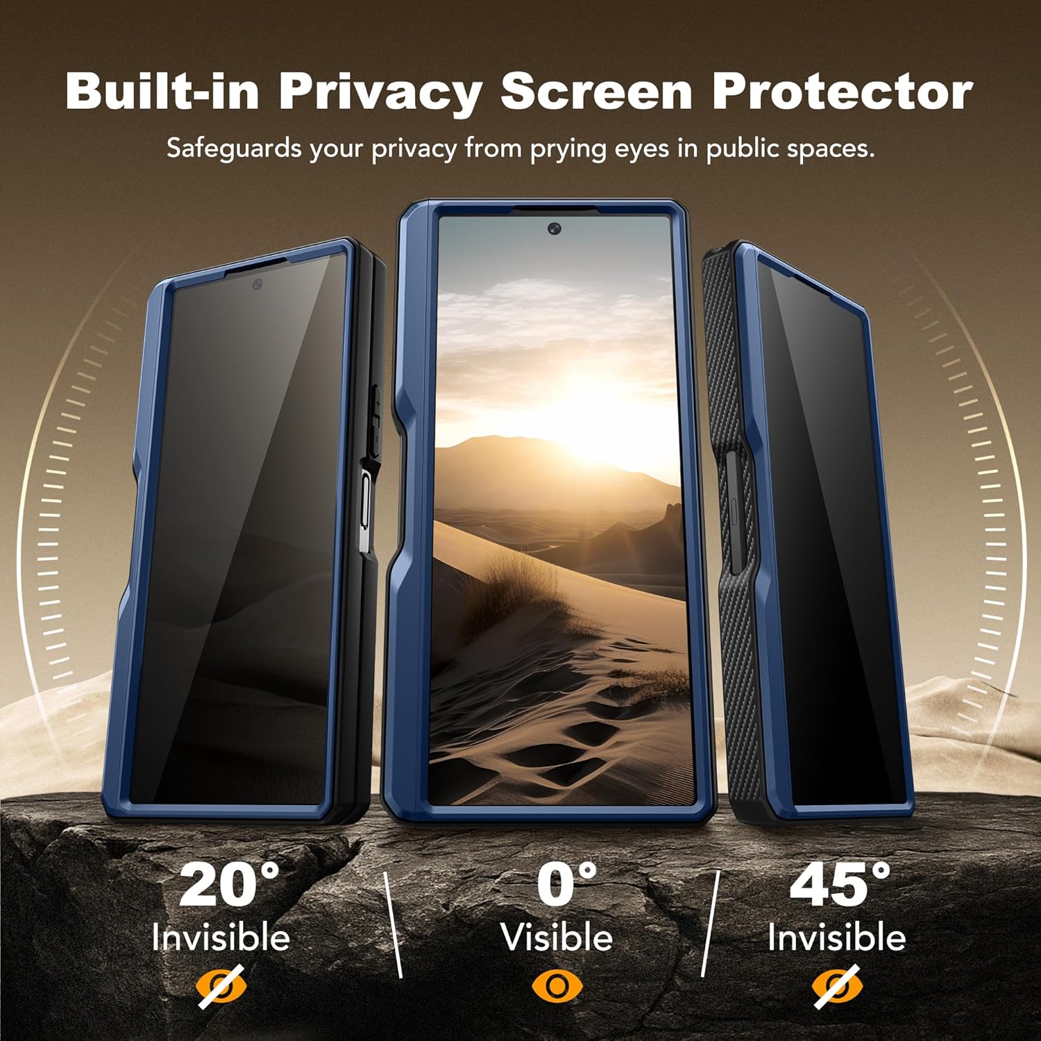 TONGATE for Z Fold 6 Case, [with S Pen Slot & Hinge Protection] [Privacy Glass Screen Protector] Full-Body Military Drop Phone Case for Samsung Galaxy Z Fold 6 with Kickstand & Belt Clip, Blue Privacy