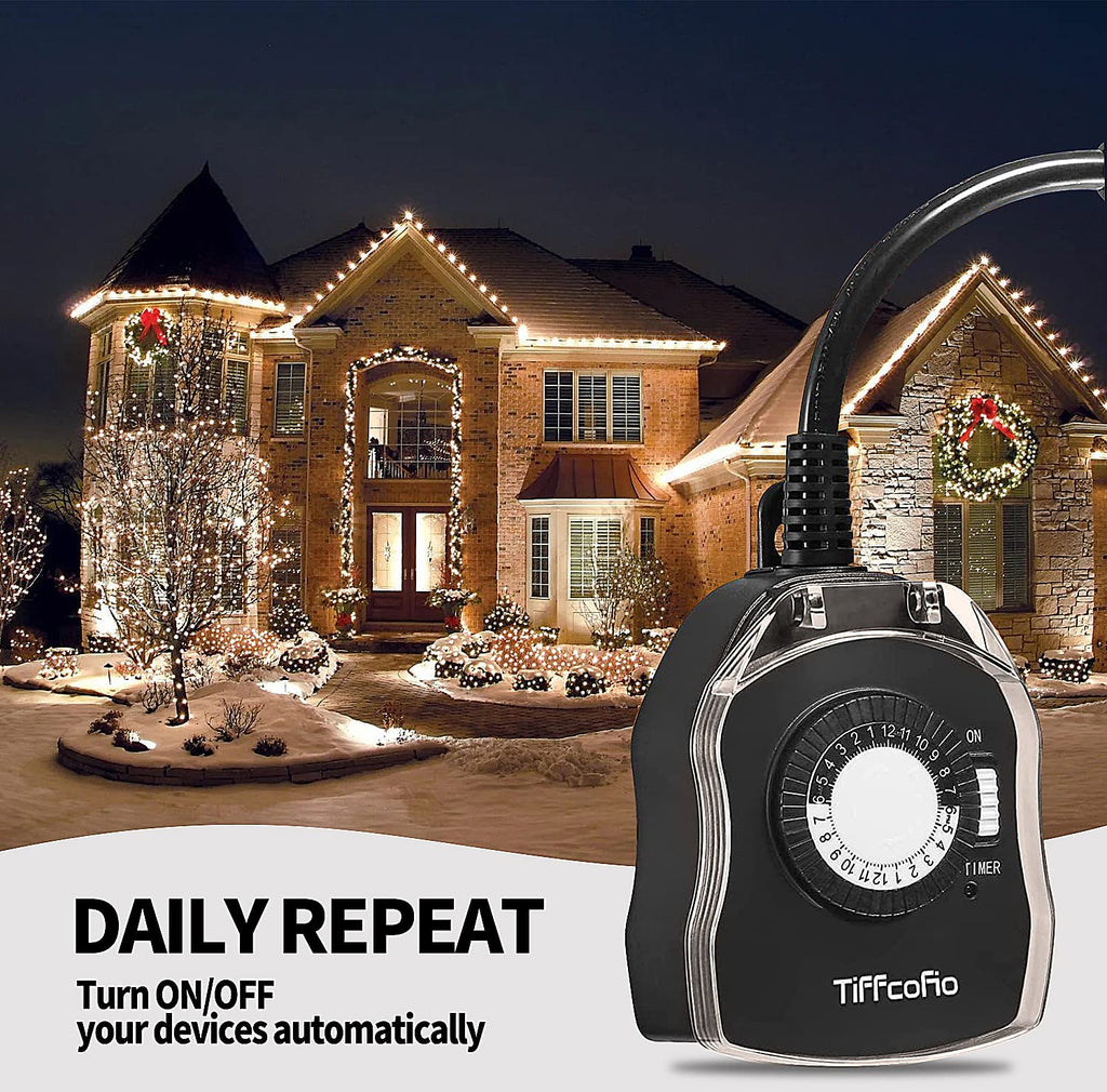 TiFFCOFiO Outdoor Timer Outlet for Lights, 24 Hour Mechanical, Outdoor Light Timer Waterproof, 2 Grounded Outlets for Home and Garden, 15A 1/2HP, Heavy Duty, CSA Listed (2 Pack)