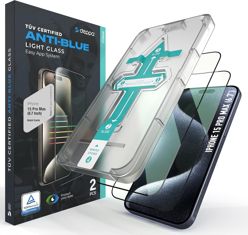 Deppa |2 Pack| Anti-Blue Light Screen Protector for iPhone 15 Pro Max (6.7') | Scratch Resistant Tempered Glass | 3D Edge to Edge Coverage | Easy Installation Kit | Eye Safeguard TÜV Certified