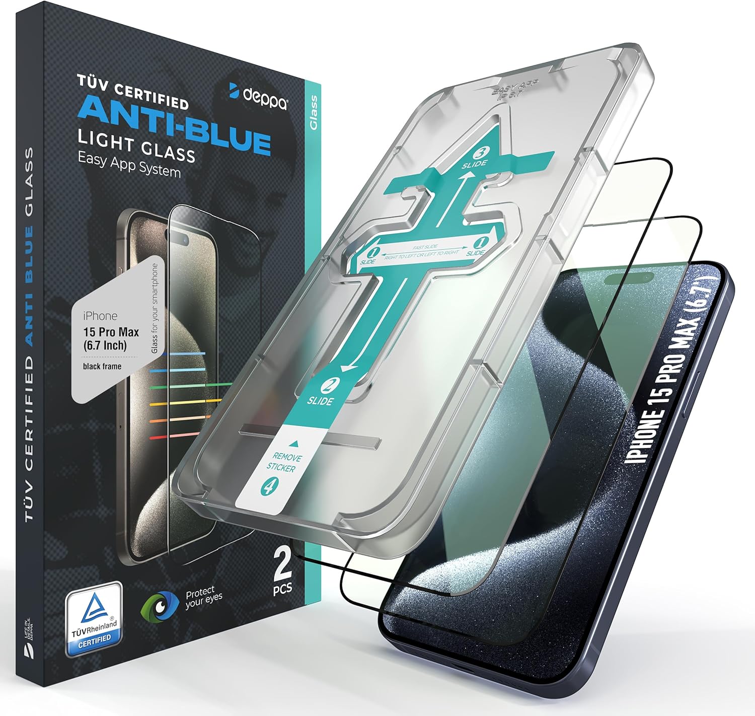 Deppa |2 Pack| Anti-Blue Light Screen Protector for iPhone 15 Pro Max (6.7') | Scratch Resistant Tempered Glass | 3D Edge to Edge Coverage | Easy Installation Kit | Eye Safeguard TÜV Certified