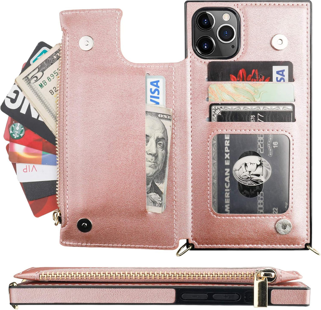 Bocasal Crossbody Wallet Case for iPhone 11 Pro Max with Card Holder,Zipper Card Slot Protector Shockproof Purse Cover with Removable Cross Body Strap 6.5 Inch(Rose Gold)