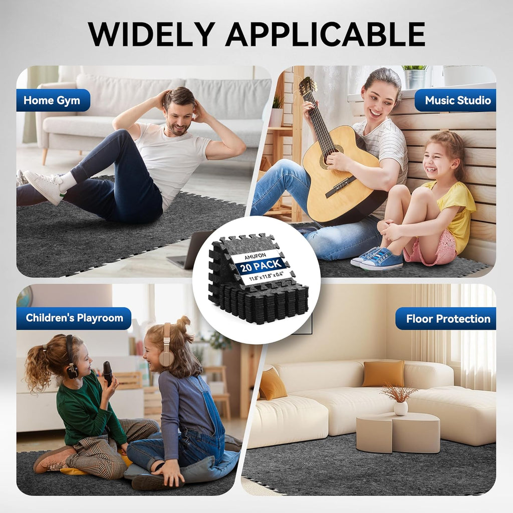 20 Pcs Sound Absorbing Interlocking Floor Mats Pads, 11" x 11" x 0.4"sound absorbing rug, Non-Slip Anti Vibration Sound Proof Puzzle Felt Padding, High Density Piano Carpet Drum Rug for Music Studio