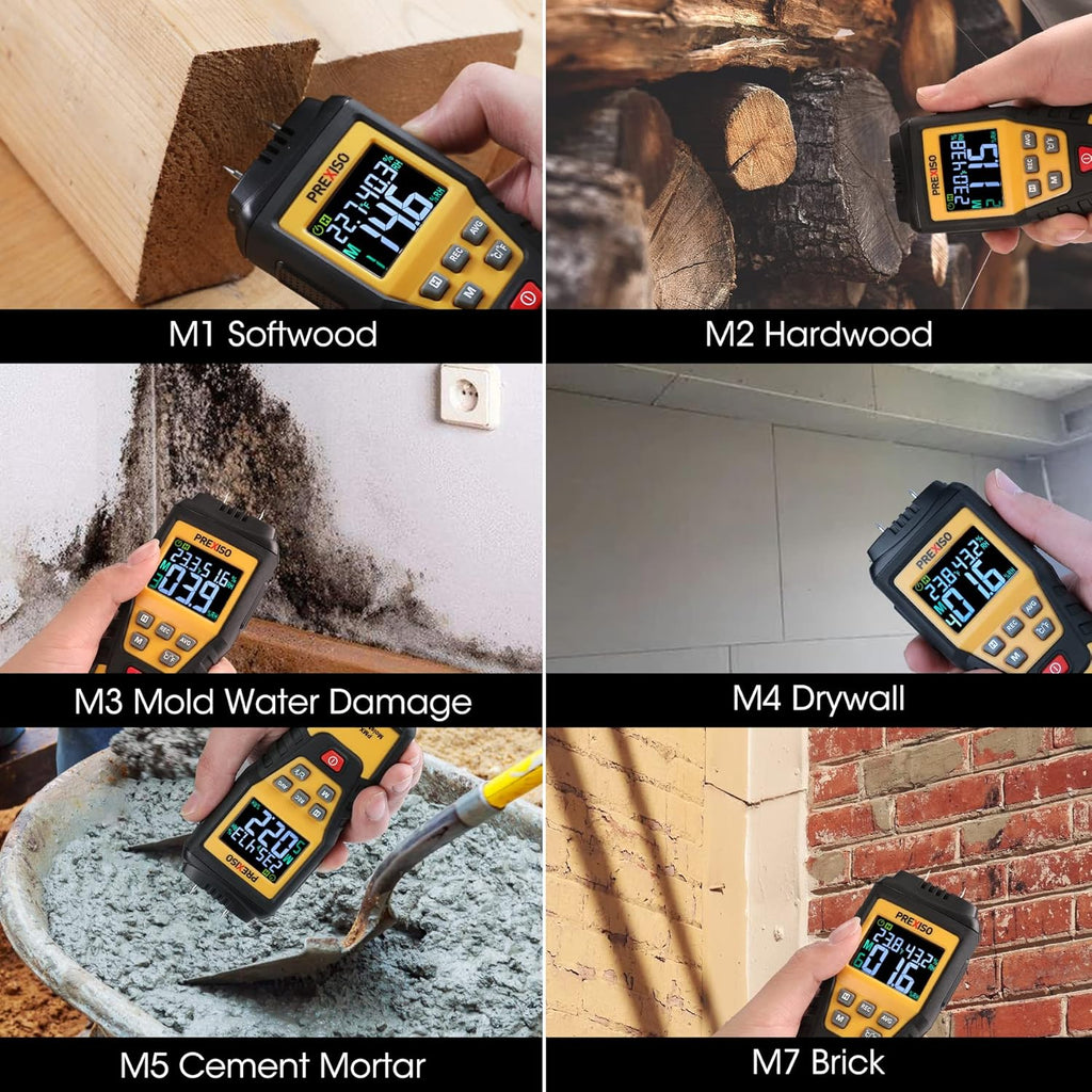 PREXISO Wood Moisture Meter - 7 in 1Digital Moisture Meter for Firewood, Woodworking, Walls, Home, Drywall, Paper, Floor - Moisture Reader, Pin-Type Water Leak Detector, Dampness Meter