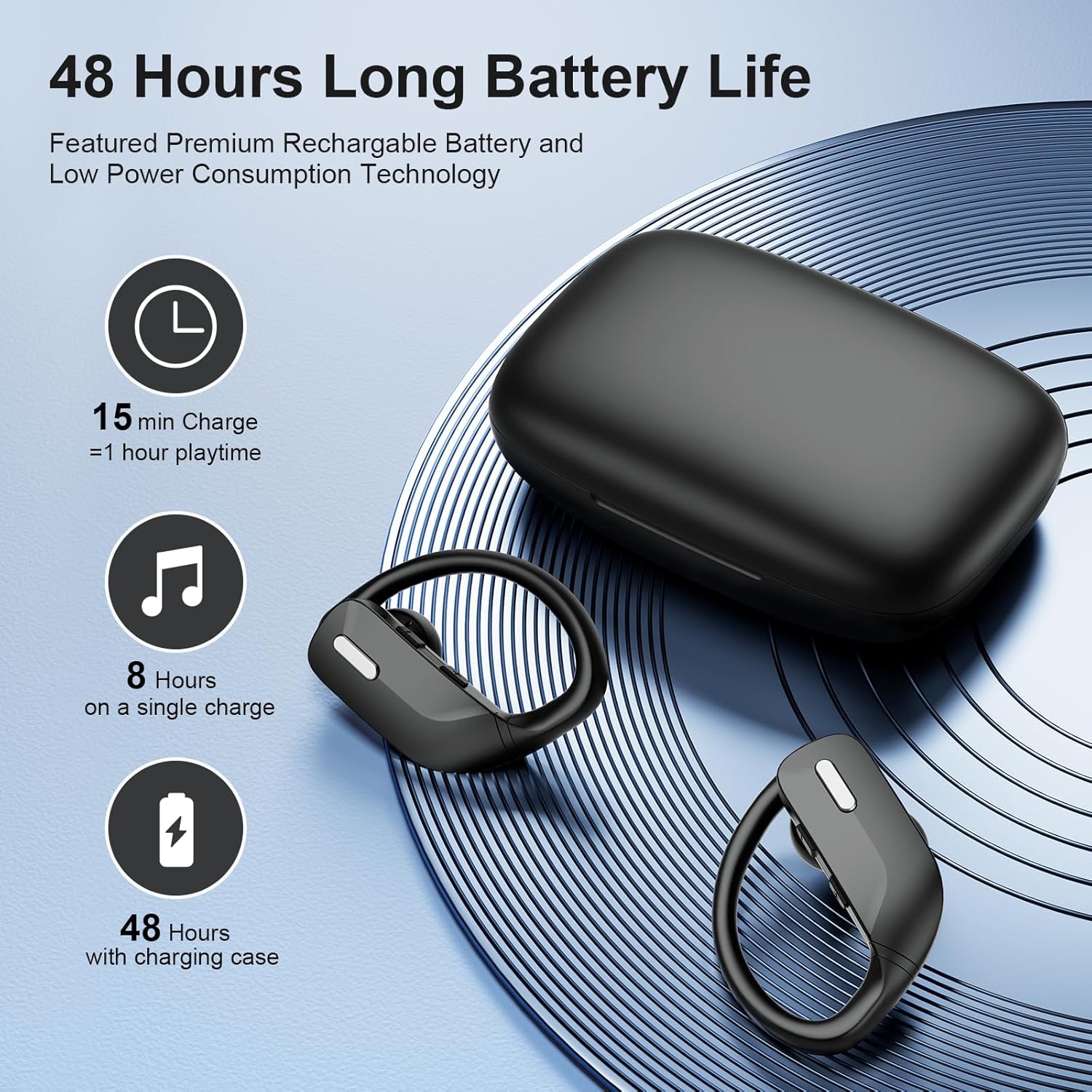 occiam Wireless Earbuds Bluetooth Headphones 48H Play Back Earphones in Ear Waterproof with Microphone LED Display for Sports Running Workout Black