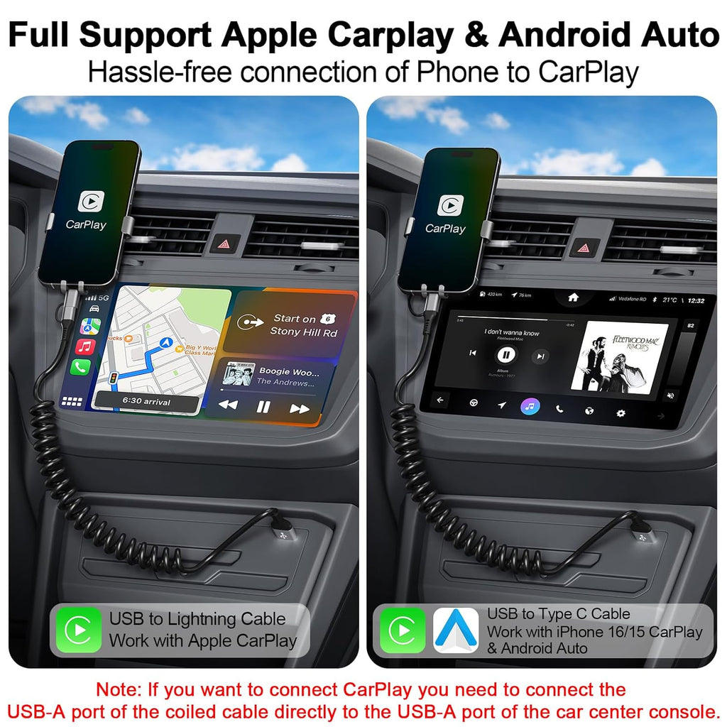 USB to USB-C and Lightning Cable Combo, 2 in 1 Coiled iPhone Charger Cable Apple Carplay & Android Auto, [MFi & 3A Fast Charge] Retractable Lightning and USB C Cable Cord for iPhone 16/15/14/Android