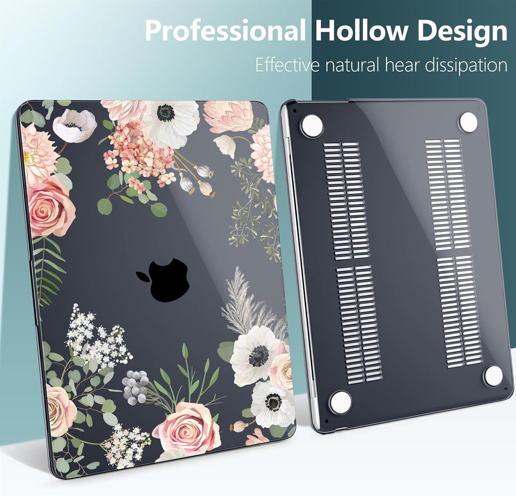 TWOLSKOO Compatible with M4 MacBook Air 13.6 inch Case 2025-2022 Release M4 A3240 M3 A3113 M2 A2681, Plastic Hard Shell & Keyboard Cover & Type C Adapter & Screen Protector, Rose Flower