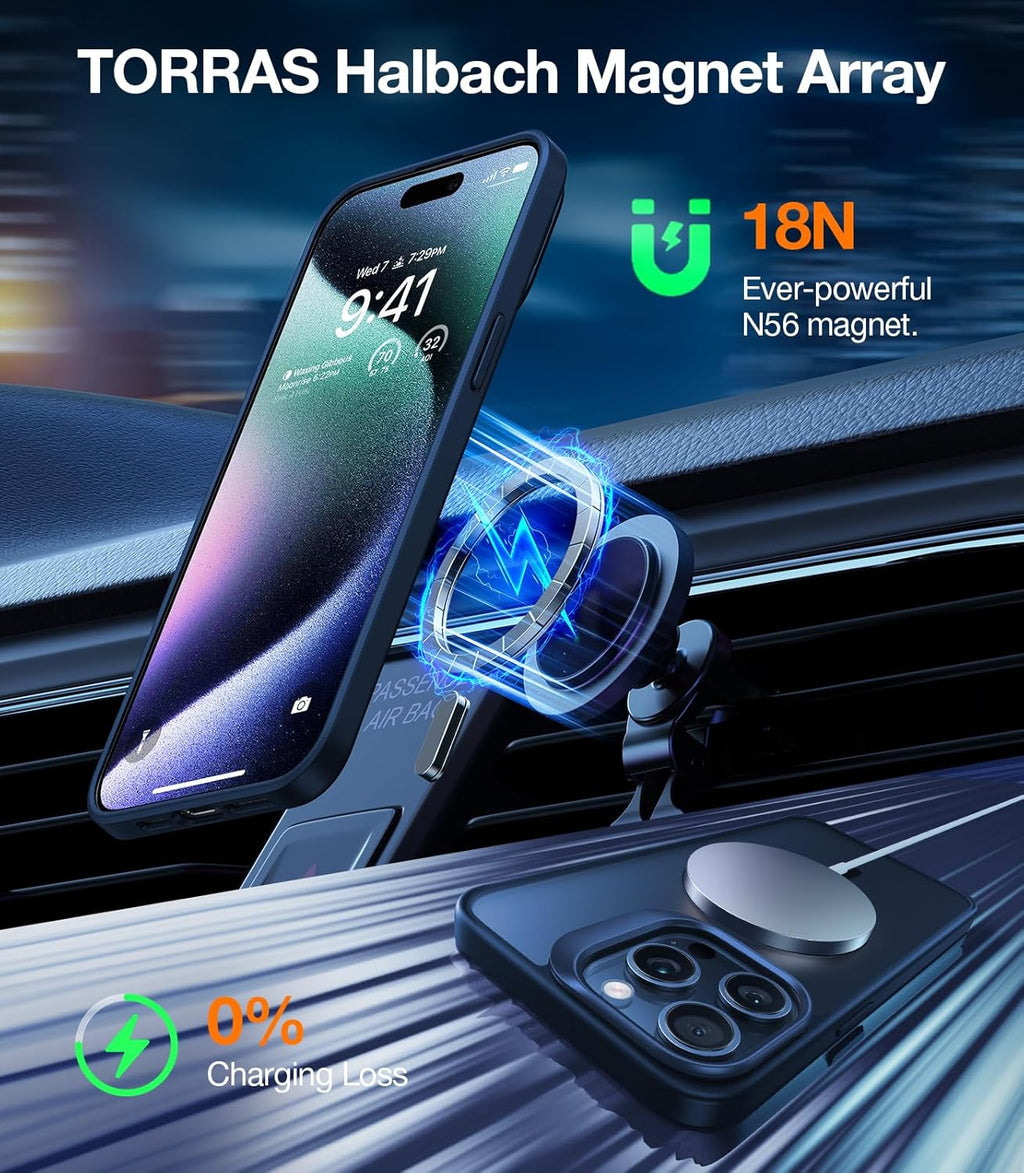 TORRAS Magnetic for iPhone 15 Pro Case, Compatible with MagSafe, Invisible Camera Kickstand, Military-Grade Shockproof Translucent Anti-Scratch Hard Back and Soft Edge Phone Case, Navy Blue