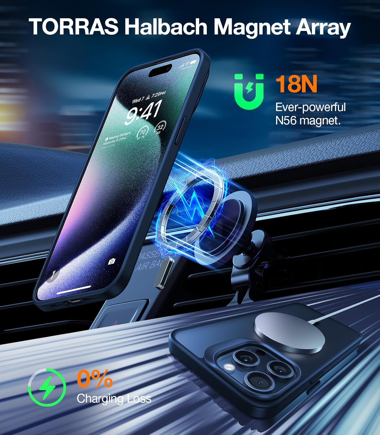 TORRAS Magnetic for iPhone 15 Pro Case, Compatible with MagSafe, Invisible Camera Kickstand, Military-Grade Shockproof Translucent Anti-Scratch Hard Back and Soft Edge Phone Case, Navy Blue