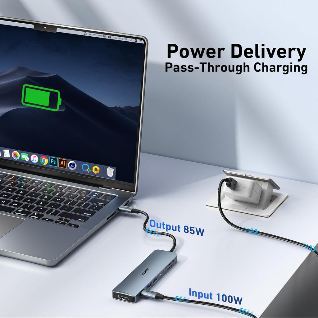 BENFEI 7-in-1 USB C Hub with HDMI(4K@60Hz), 2 USB-A, 1 USB-C Data, 100W Charge, SD/TF Card Reader, Silicone Tangle-Free Cable Compatible with MacBook Pro/Air, iPad Pro, iMac, iPhone 15 Pro/Pro Max