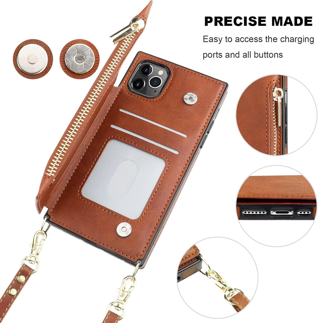 Bocasal Crossbody Wallet Case for iPhone 11 Pro with Card Holder,Zipper Card Slot Protector Shockproof Purse Cover with Removable Cross Body Strap 5.8 Inch(Brown)