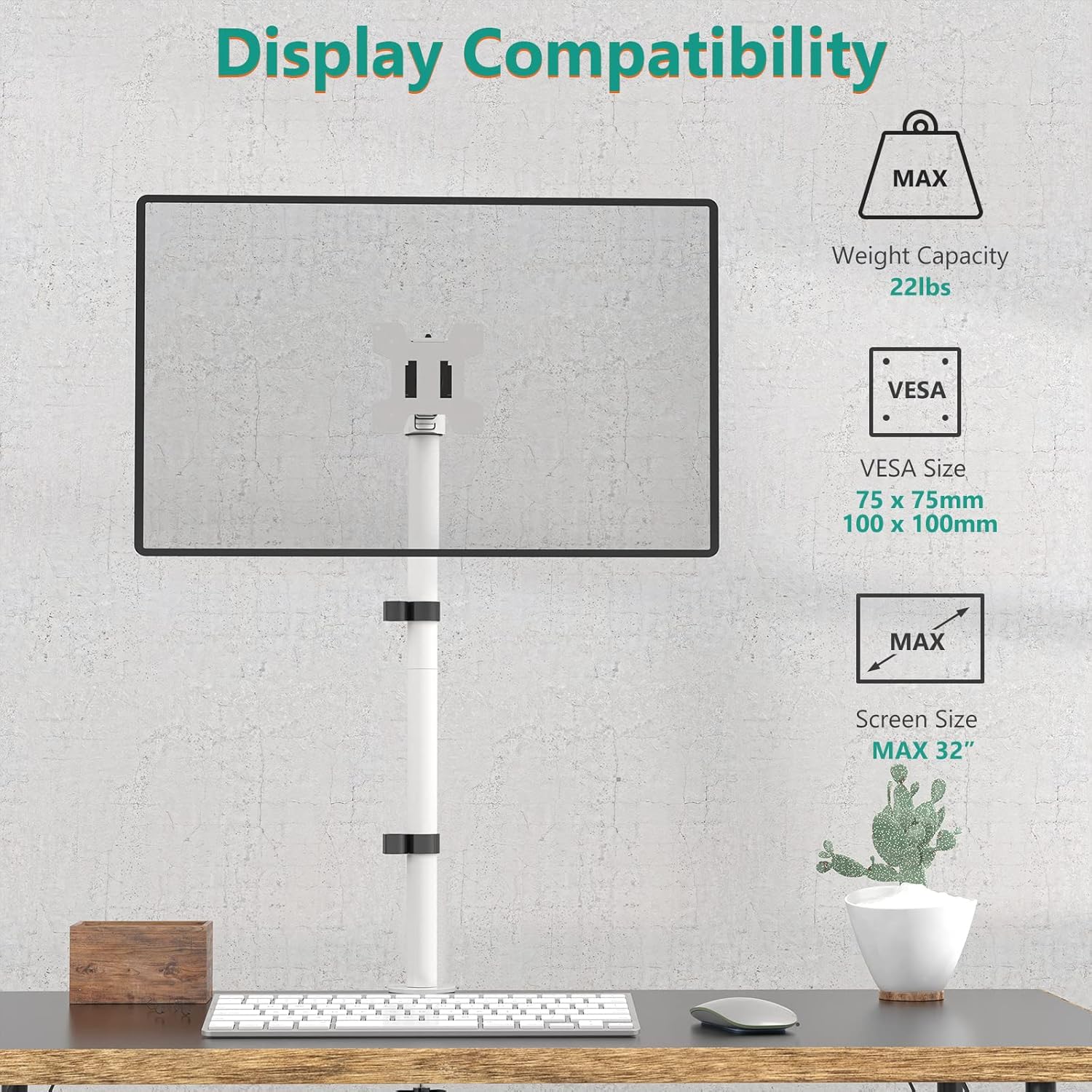 WALI Tall Monitor Stand Desk Mount, Single Extra Tall Monitor Arm Bracket for Computer Screen up to 32 inch, 22lbs (M001XL-W), White