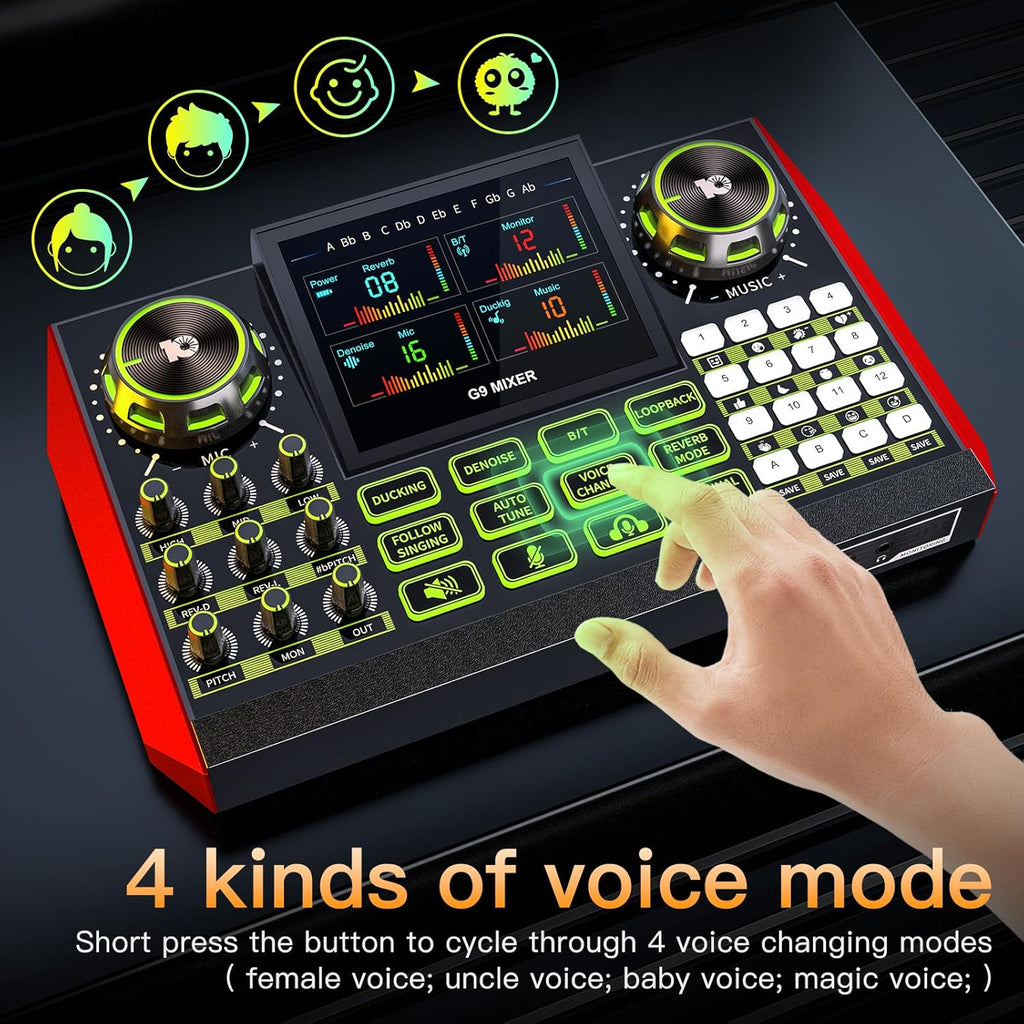 Audio mixer, suitable for live streaming, singing, and gaming on computers/phones; podcast mixer with real-time sound card, noise reduction function, and one-click mute function