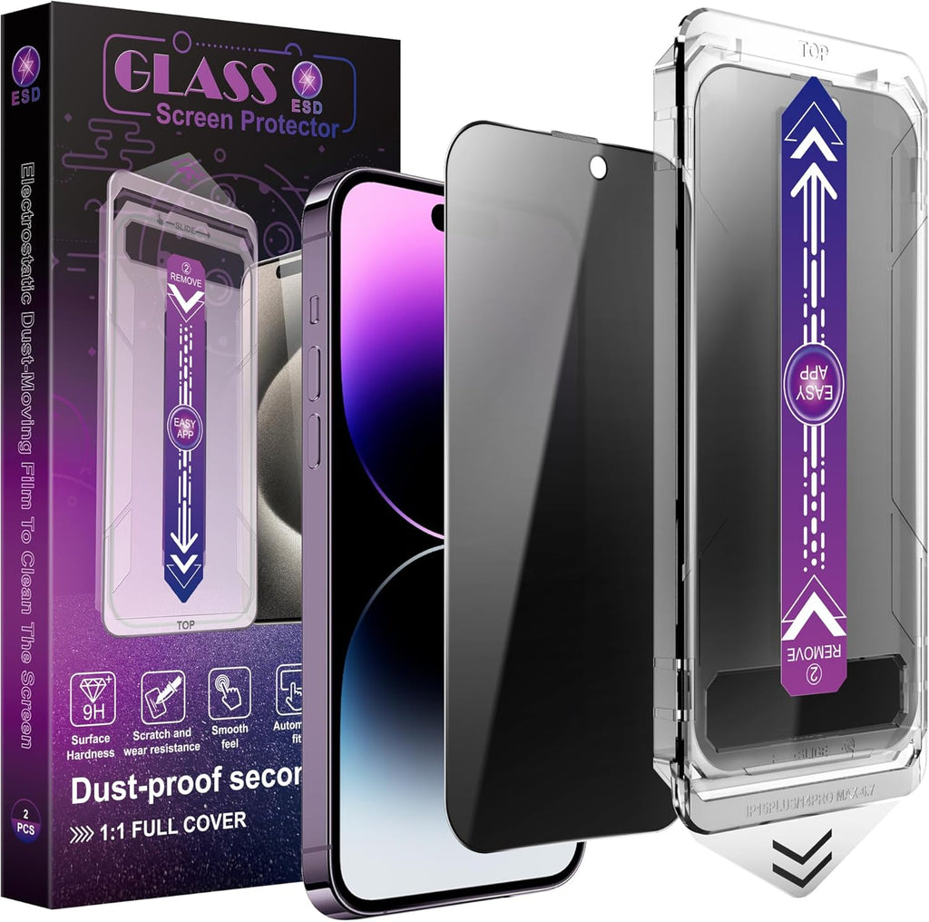 2 Pack Privacy Screen Protector for iPhone 14 Pro Max/iPhon 15 Plus/iPhon 16 Plus, 9H Tempered Glass, Full Coverage, Anti-Fingerprint, Auto Dust-Elimination, No Bubble, Easy Installation