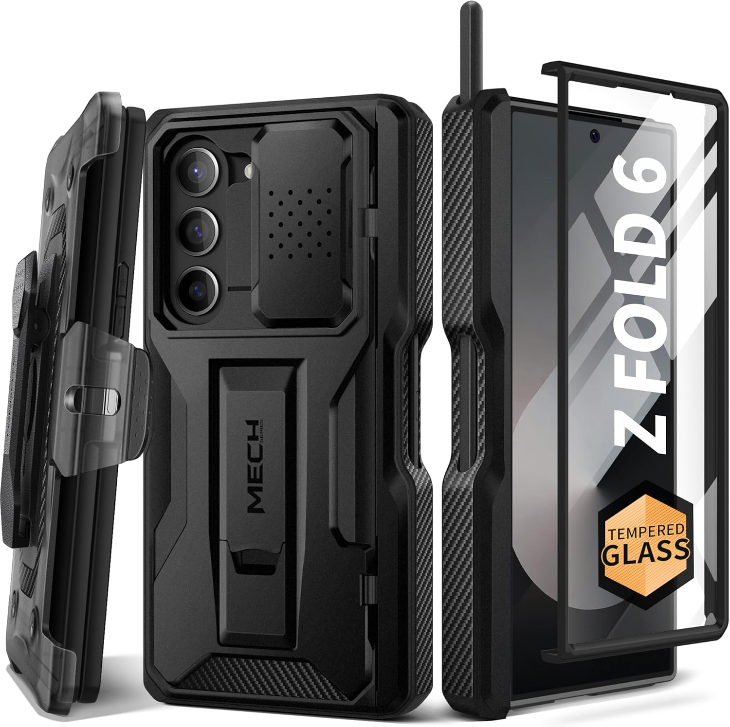 TONGATE for Z Fold 6 Case, [with S Pen Slot & Hinge Protection] [Tempered Glass Screen Protector] Full-Body Military Drop Phone Case for Samsung Galaxy Z Fold 6 with Stand & Belt Clip, Titanium Black