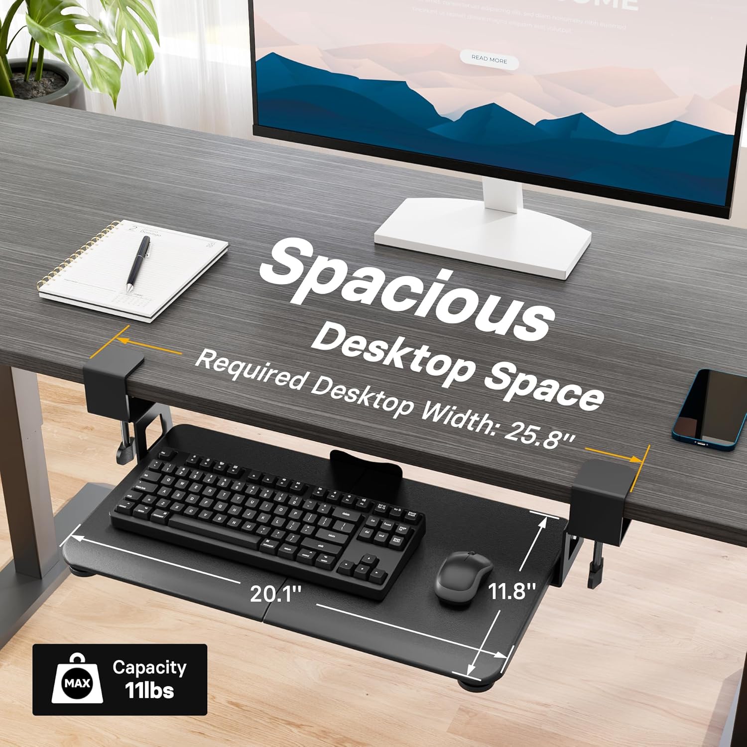 BONTEC KMT01-PJ Under Desk Keyboard Tray, Pull-Out Keyboard & Mouse Platform with C-Clamp, 20 x 11.8 in Space-Saving Ergonomic Slide-Out Drawer, Black