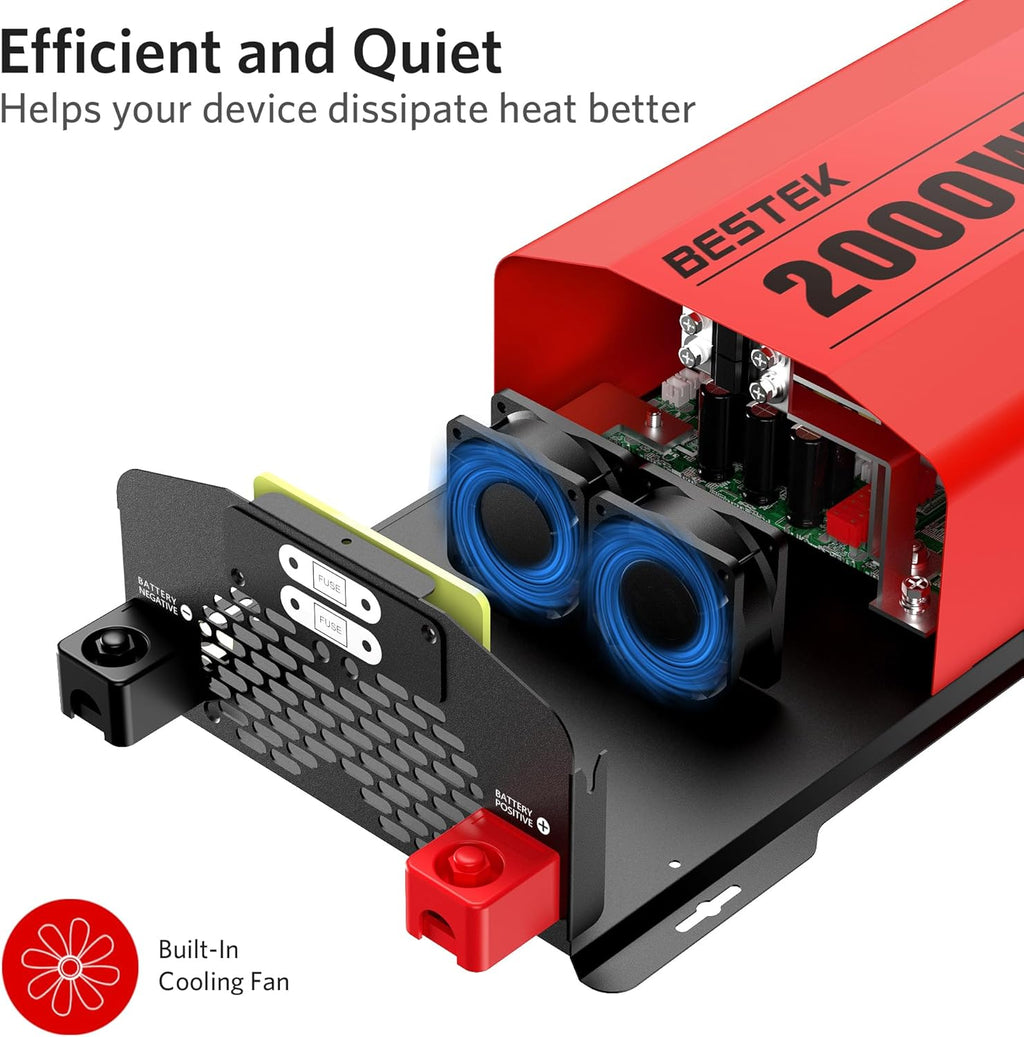 BESTEK 2000 Watt Pure Sine Wave Power Inverter 12V DC to 110V/120V AC Converter for Home, RV, Truck, Off-Grid Solar Power 3 AC Outlets Car Inverter with One 2 USB Port Type-C with Remote Control