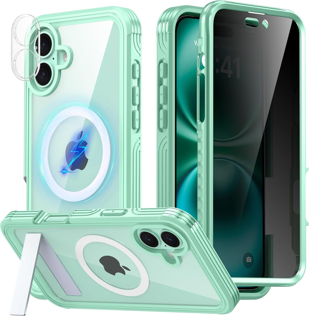 Magnetic & Stand for iPhone 16 Plus Case Built-in Privacy Screen Protector[360° Full Body Protection][Fit for Magsafe][Lens Protector] Heavy Duty Shockproof Phone Case for iPhone 16 Plus Green