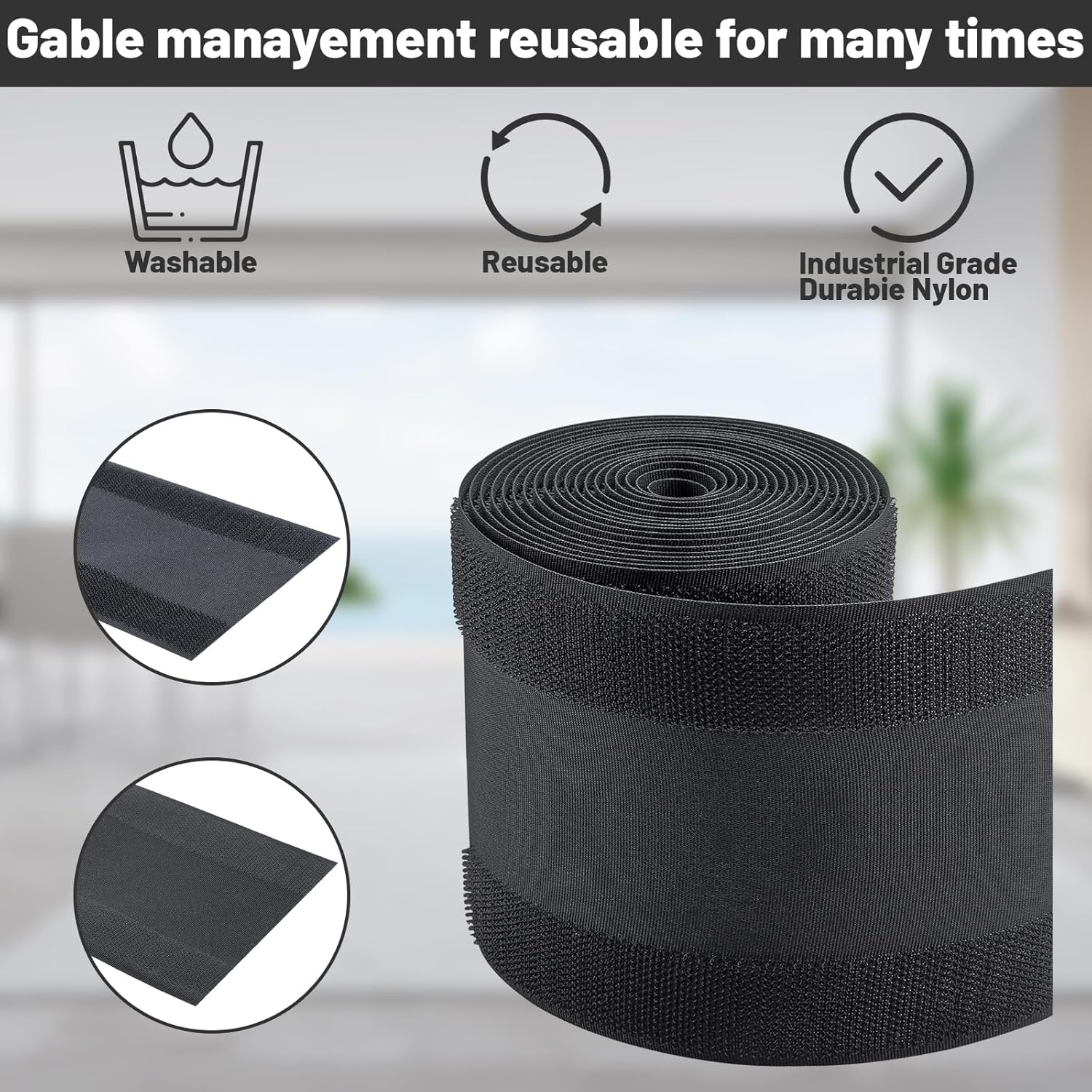 IHKFILAN Carpet Cord Cover Carpet Cable Management Under Desk Cable Grip Strip Black Hook and Loop Tape Cable Polyester Cover Protect Cables to Prevent Tripping Over Wires for Homes & Office (30ft)