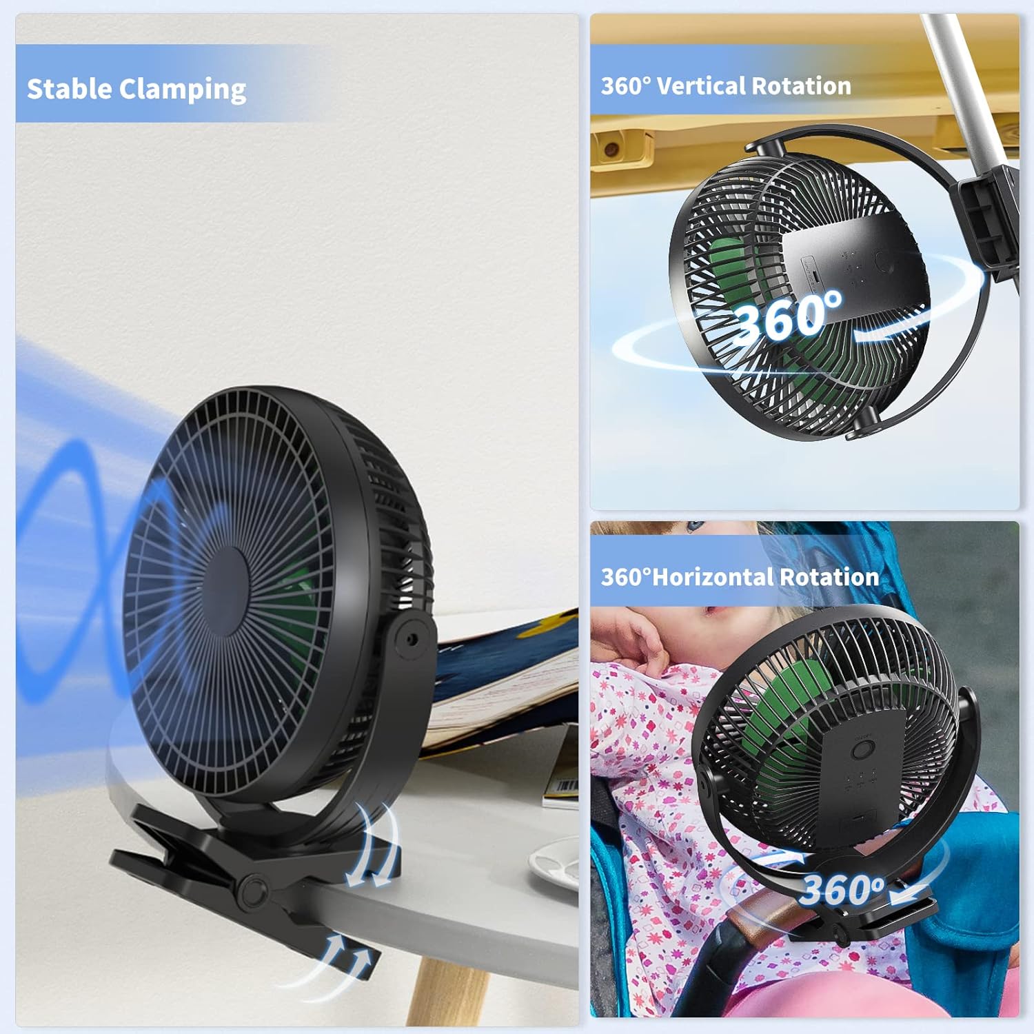 Clip on Fan, Rechargeable Portable Fan, 8 Inch Small Desk Fan - 10000mAh Battery Powered Fan with 4 Speed, 360° Rotation Personal Fan Suitable for Golf Cart, Bedroom, Travel and Camping (Green)