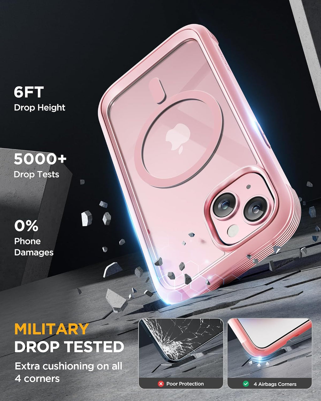 Miracase Glass Series for iPhone 15 Case [Compatible with MagSafe] Full-Body Magnetic Case with Built-in 9H Tempered Glass Anti-Fingerprint Screen Protector + Camera Lens Protector, Pink and Clear