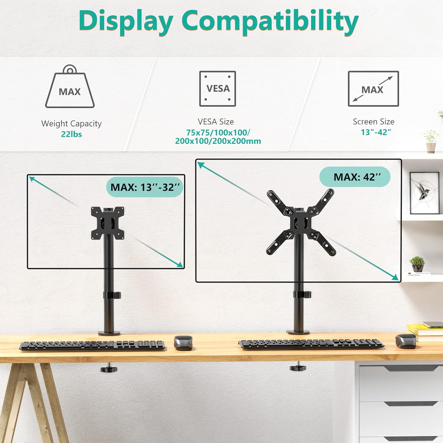 WALI Single Monitor Mount for 1 Computer Screen up to 42 inch, Fully Adjustable Monitor Arm Holds up to 22 lbs, Mounting Holes up to 200x200mm (M001SXL), Black
