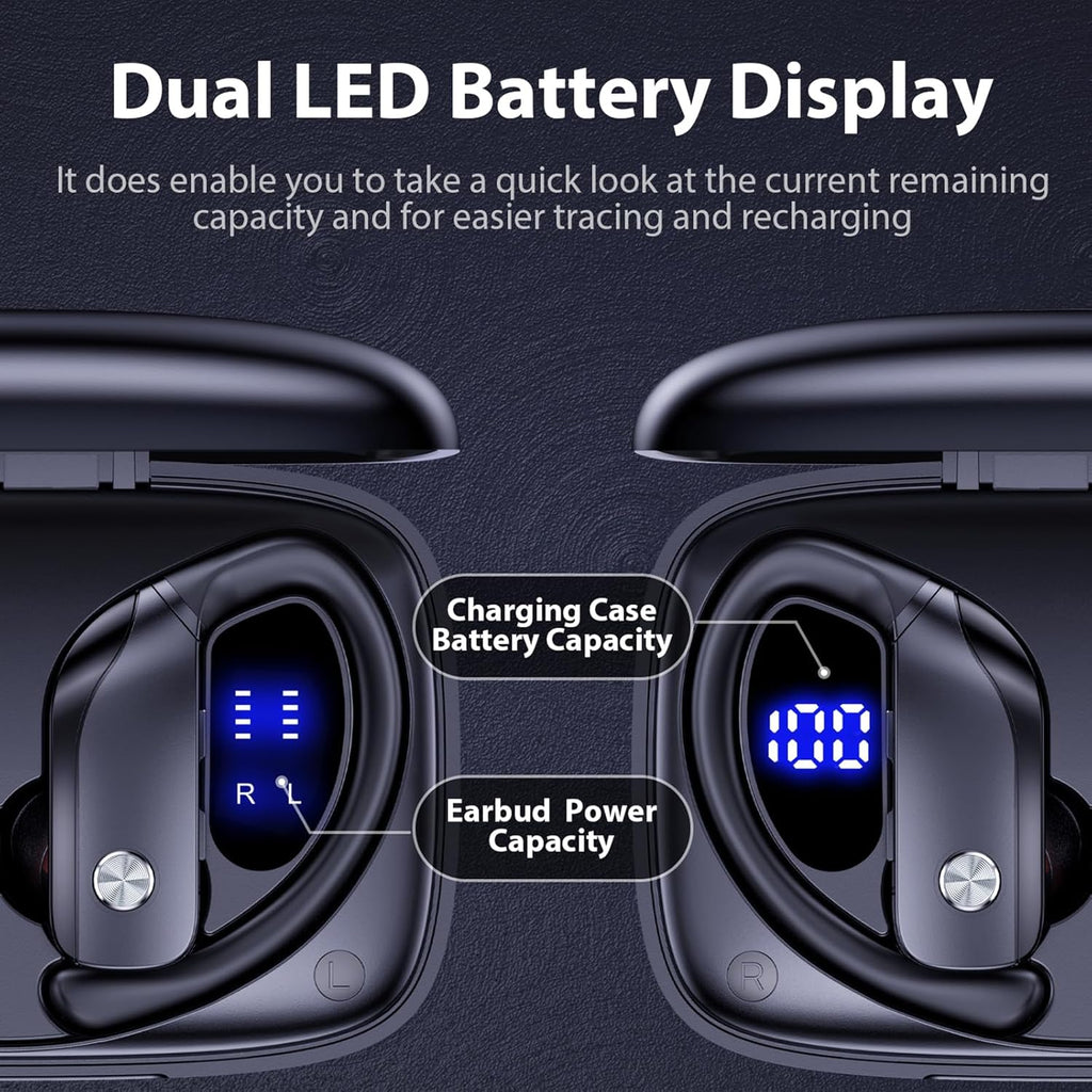 bmanl Wireless Earbuds Bluetooth Headphones 48hrs Play Back Sport Earphones with LED Display Over-Ear Buds with Earhooks Built-in Mic Headset for Workout Black