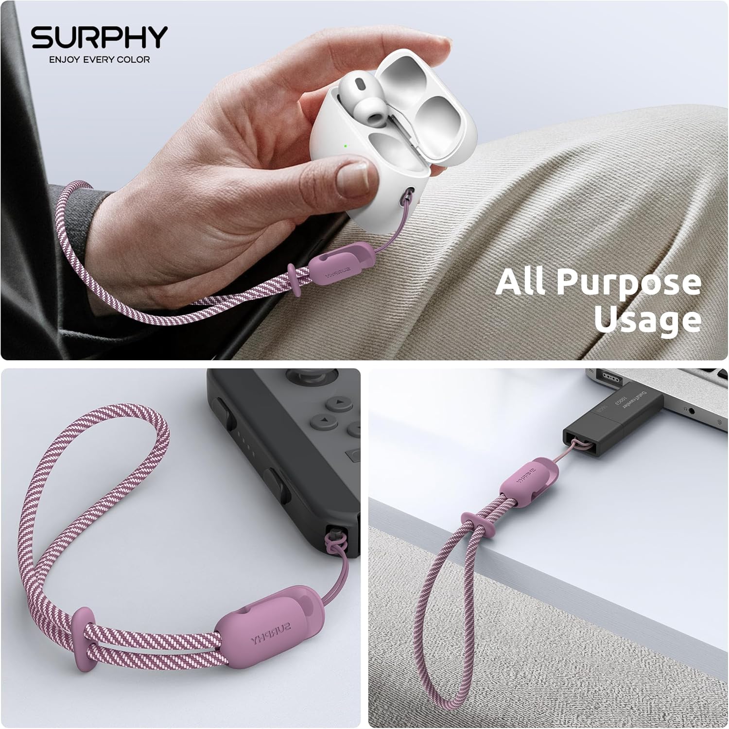SURPHY 2 Pack Phone Lanyard for Cellphone Case, Phone Wrist Strap for Case, Cellphone Strap with 2-Color Braided, Charm Wrist Lanyard for Women and Men, Lilac Purple & Gray