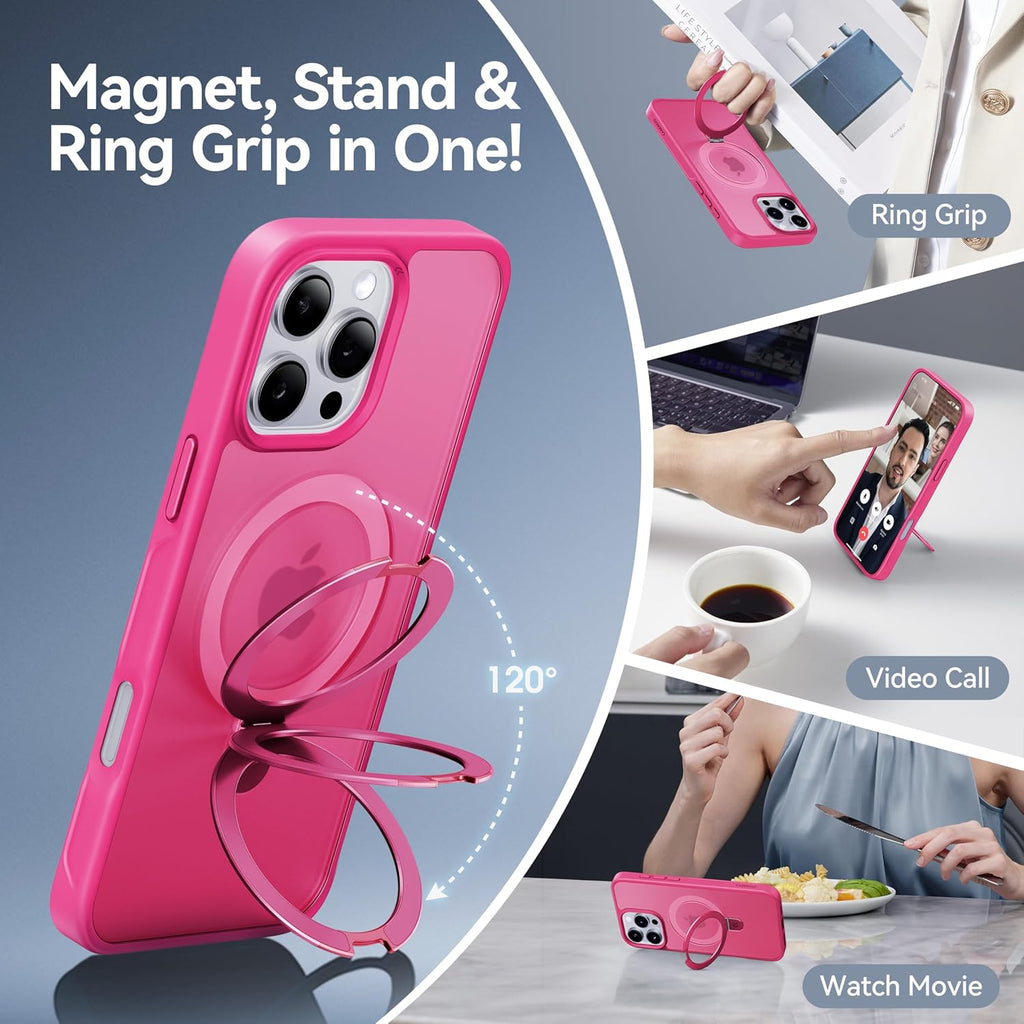CASEKOO Designed for iPhone 14 Pro Case with Magnetic Invisible Stand [Military Drop Protection] [Compatible with MagSafe] Shockproof Slim Matte Translucent Pro Case 6.1 Inch, Hot Pink