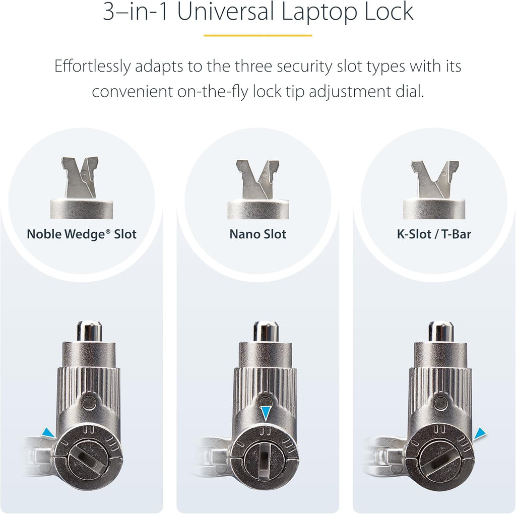 StarTech.com Universal Laptop Lock 6.6ft (2m), Security Cable for Notebooks Compatible with Noble Wedge/Nano/K-Slot, Keyed Locking Cable, Cut-Resistant Carbon Steel Cable, TAA (UNIVK-Laptop-Lock)