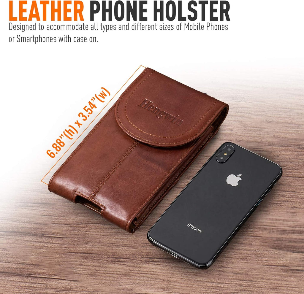 Hengwin Genuine Leather Cell Phone Holster Belt Case with Belt Clip Vertical Phone Holder Fits for iPhone 17 Pro Max 16 Pro Max 15 Plus Samsung Galaxy A55 Note9 S25+ S23+ Holster Belt Pouch (Brown)