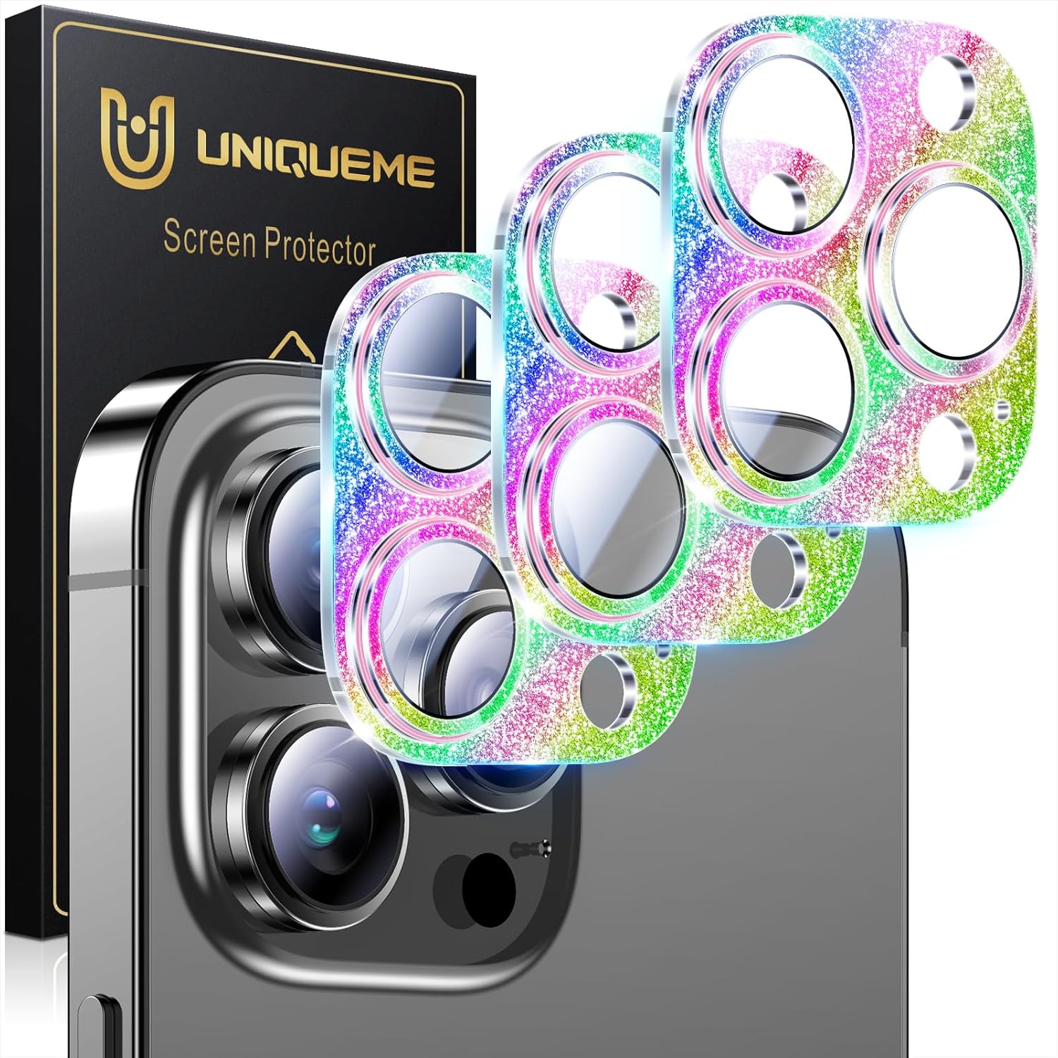 UniqueMe 3 Packs Compatible for iPhone 13 Pro Max/iPhone 13 Pro Camera Lens Protector Acrylic [Not Glass],[Case Friendly][Scratch-Resistant][Night Shooting Mode]-Glitter Colorful