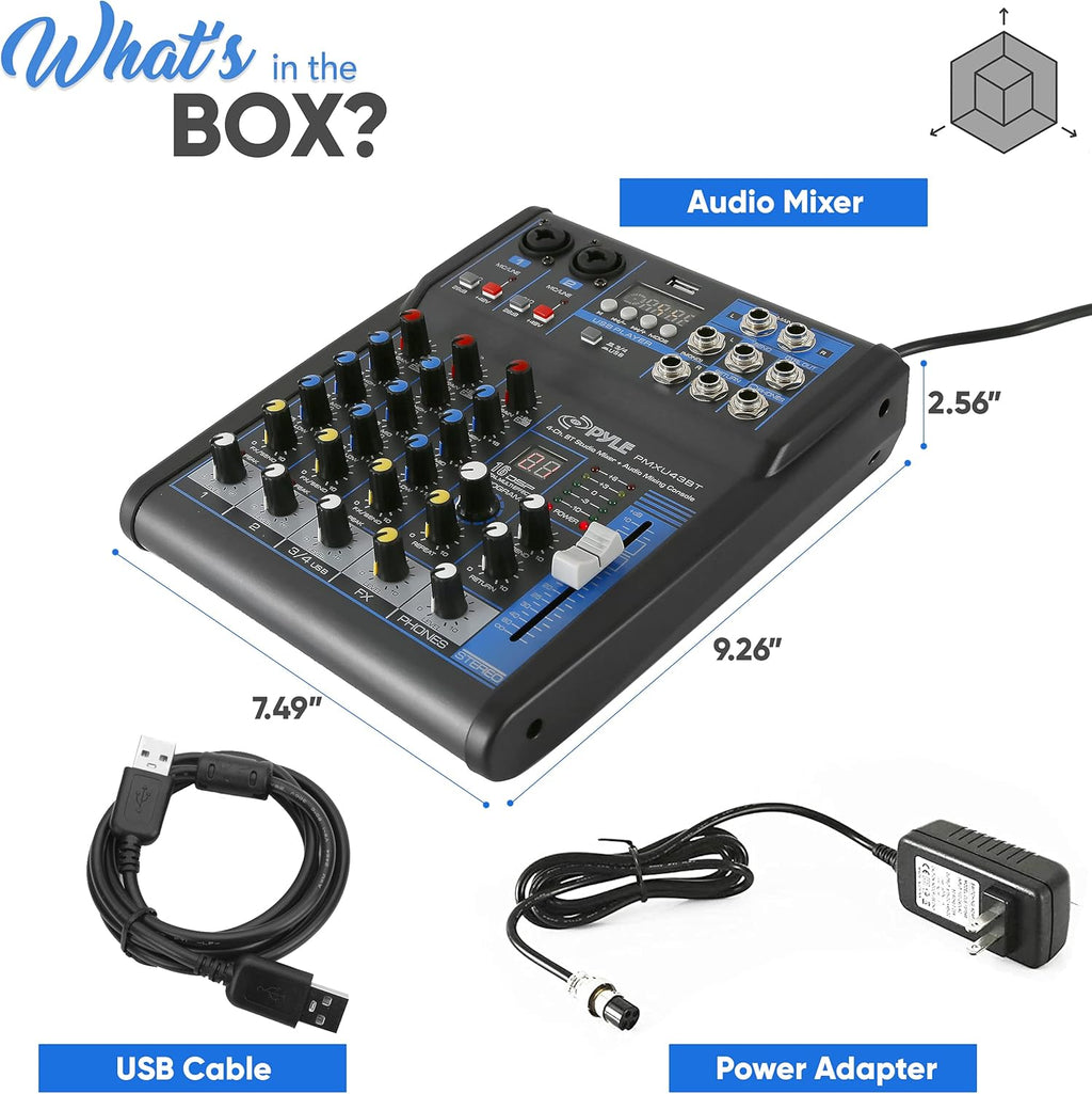 Pyle Professional Audio Mixer Sound Board Console System - Interface 4 Channel Digital USB Bluetooth MP3 Computer Input 48V Phantom Power Stereo DJ Studio Streaming FX 16-Bit DSP processor - PMXU43BT