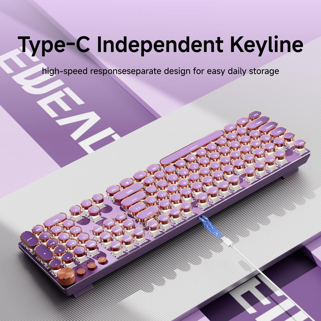 EWEADN Typewriter Style Mechanical Gaming Keyboard, Wired Mechanical Keyboards,104 Keys Backlit LED Keyboards, Media Control Knob, Wired Computer Keyboard Pink Switch for Windows/Mac/PC-Purple