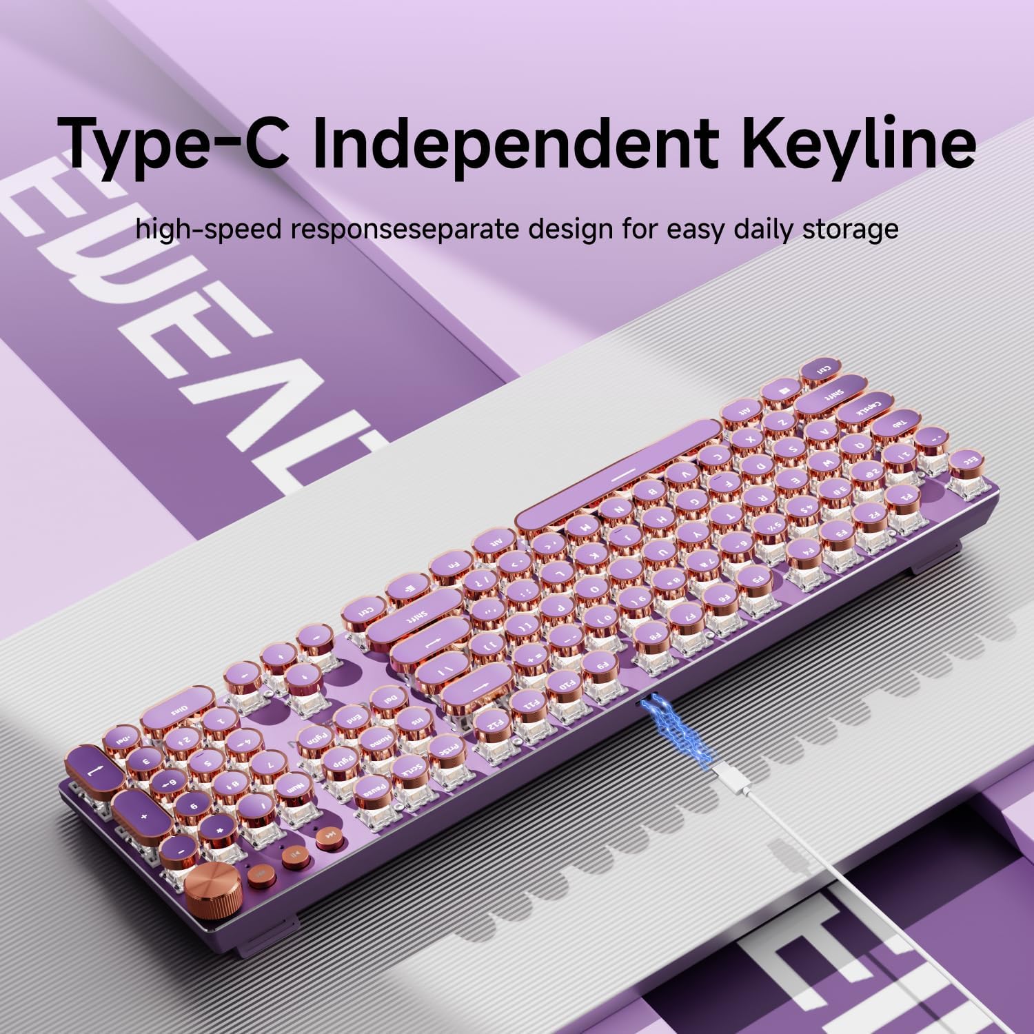 EWEADN Typewriter Style Mechanical Gaming Keyboard, Wired Mechanical Keyboards,104 Keys Backlit LED Keyboards, Media Control Knob, Wired Computer Keyboard Pink Switch for Windows/Mac/PC-Purple