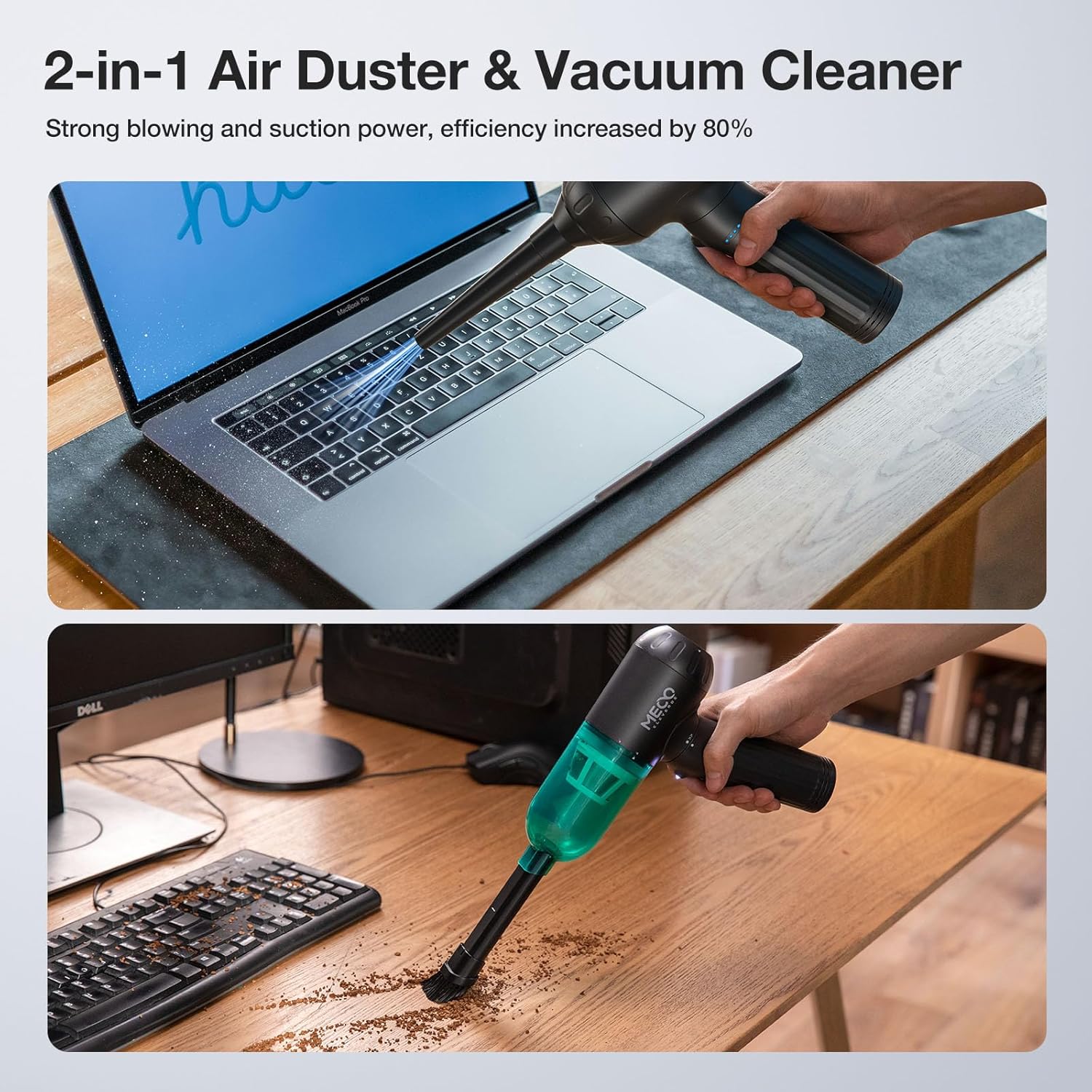 MECO ELEVERDE Compressed Air Duster Electric, 130000RPM 4in1 Air Duster Vacuum/Mini Vacuum/Air Blower & Pump, 3 Gear Brushless Motor with LED Light for PC, Keyboard, Car, Carpet (Green)