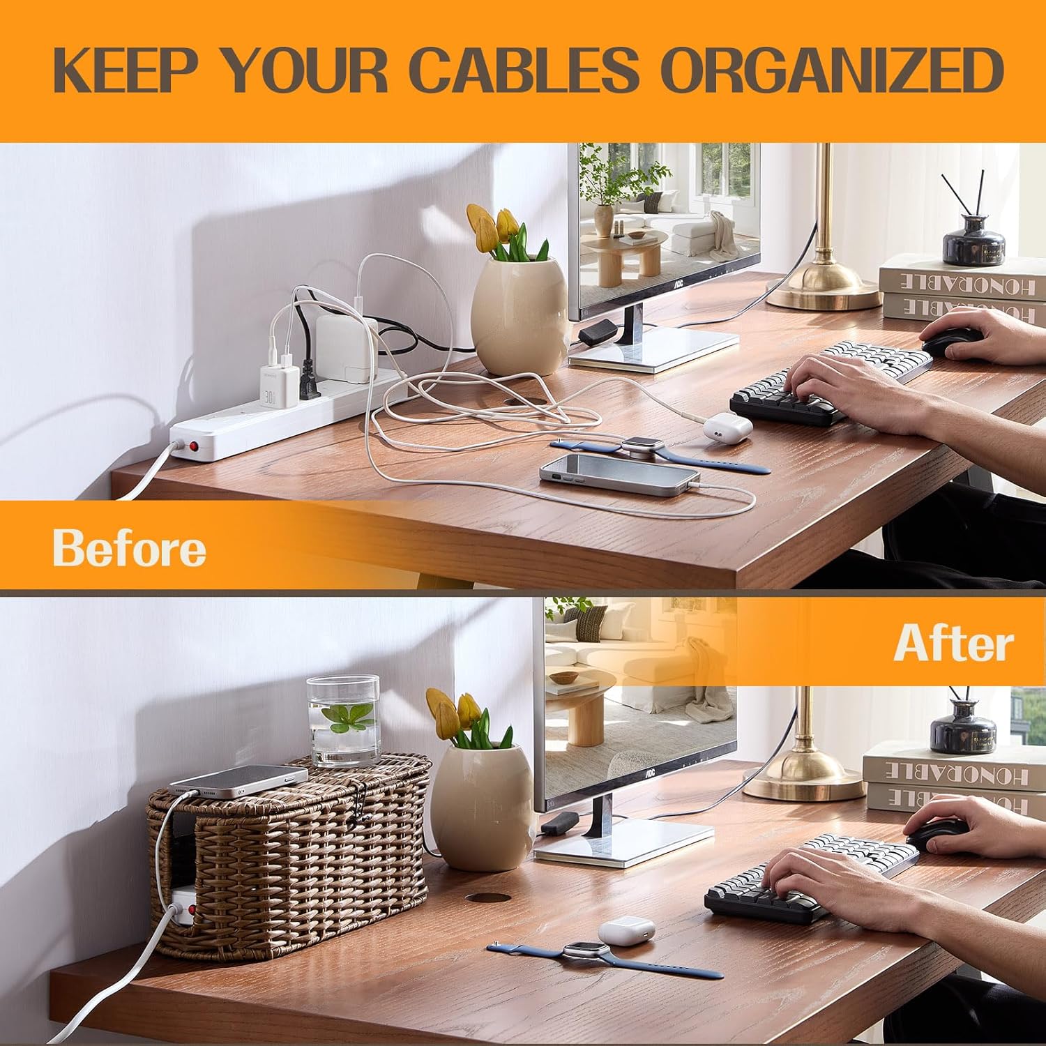 FairyHaus Cable Management Box 2Pack Brown, Handwoven Large and Small Cable Organizer Box Cover to Hide Cords and Power Strip, Imitation Wicker Cord Organizer Box Hider for Office Desk and Floor