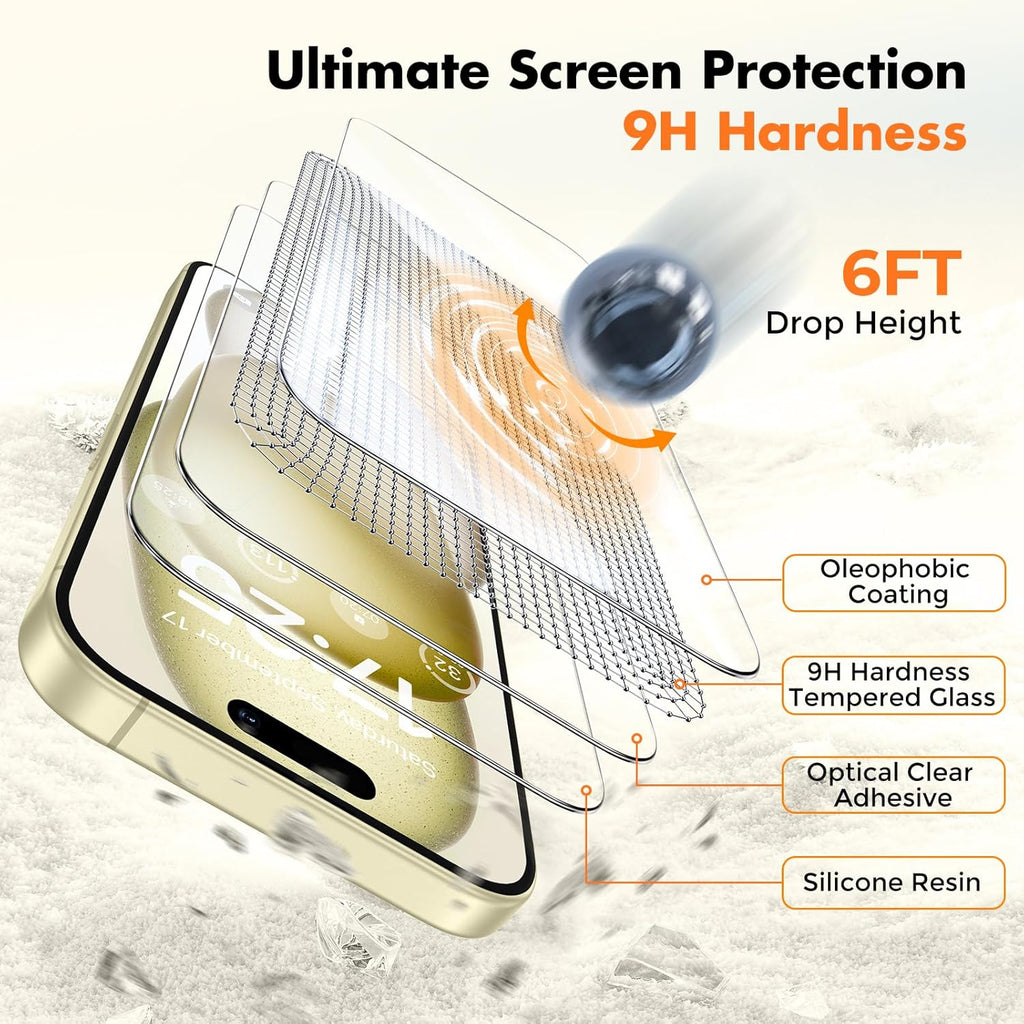 UNBREAKcable 2-Pack Screen Protector for iPhone 16 / iPhone 15, Double Shatterproof Tempered Glass [Easy Installation] [9H Hardness] [99.99% HD Clear] [Case Friendly] for iPhone 6.1 inch