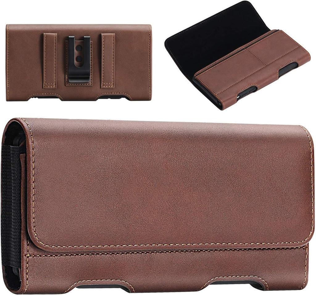 BECPLT for iPhone 13 Mini iPhone 12 Mini SE 2020 Holster Case, Leather Holster Pouch Loops Carrying Case with ID Card Holder for Galaxy S10e Apple iPhone 12 Mini 8 7 6s 6 (Fit w/Thin Case on) (Brown)