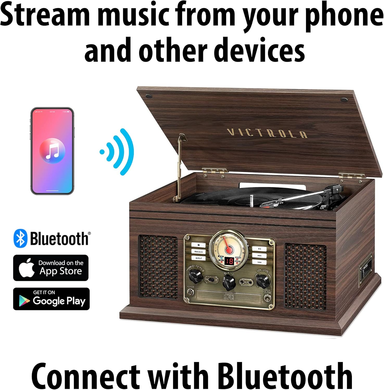 Victrola The Quincy 6-in-1 Bluetooth Record Player & Multimedia Center with Built-in Speakers – 3-Speed Turntable, CD & Cassette Player, AM/FM Radio, Wireless Music Streaming (Espresso)