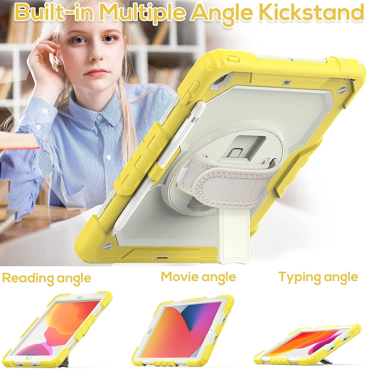 BLOSOMEET Kids Case for iPad 10.2 9th/8th Generation 2021 2020 with Tempered Glass Screen Protector Pen Holder,Cute Girls Boys iPad 7th Gen Cover Rugged w/Stand Hand Shoulder Strap Yellow