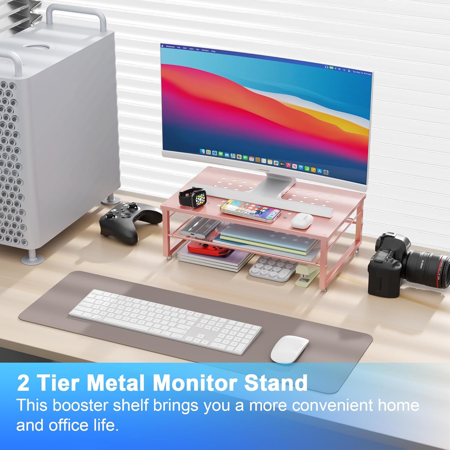 gianotter 2-Tier Metal Monitor Stand Riser, Desk Organizer for Monitor, Office Desk Storage Organizer for Office Supplies (Rose Gold)
