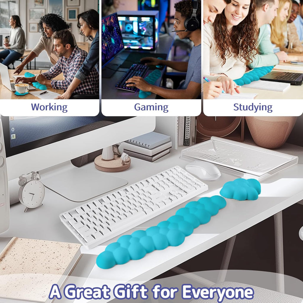 Cloud Wrist Rest for Keyboard and Mouse, Memory Foam PU Leather Keyboard Wrist Rest with Ergonomic Support, Non-Slip Base, Cute Arm Rest Pad & Palm Cushion, Office Desk Accessory, Scuba Blue