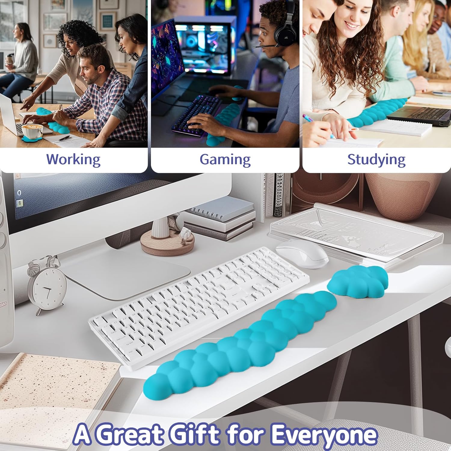 Cloud Wrist Rest for Keyboard and Mouse, Memory Foam PU Leather Keyboard Wrist Rest with Ergonomic Support, Non-Slip Base, Cute Arm Rest Pad & Palm Cushion, Office Desk Accessory, Scuba Blue