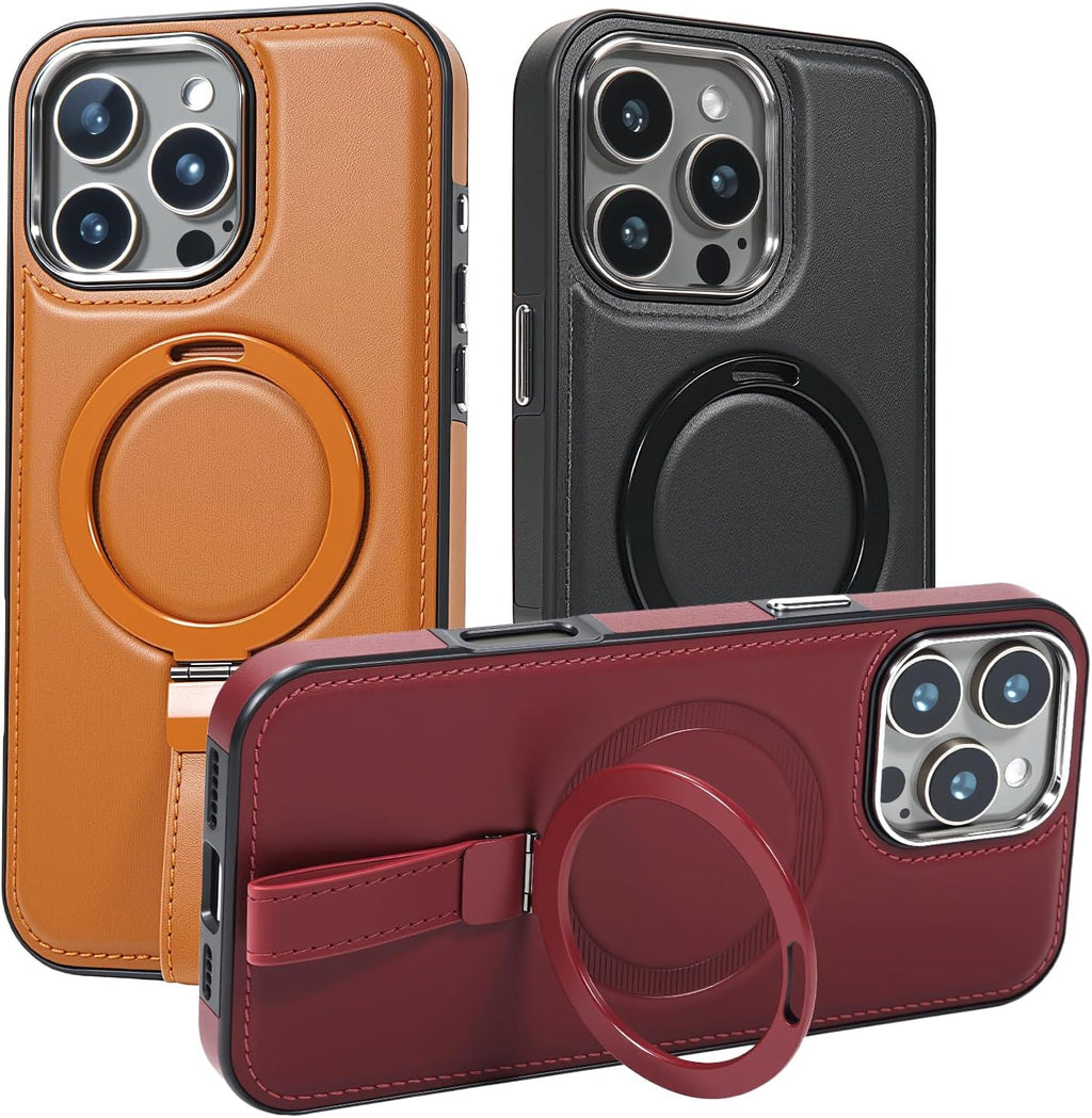 Leather Case, Suitable for iPhone 15 Pro Max Case, Invisible Magnetic Design, Equipped with a Lanyard and Foldable Stand, Black, Yellow and red (Black, iPhone 15 Pro Max)