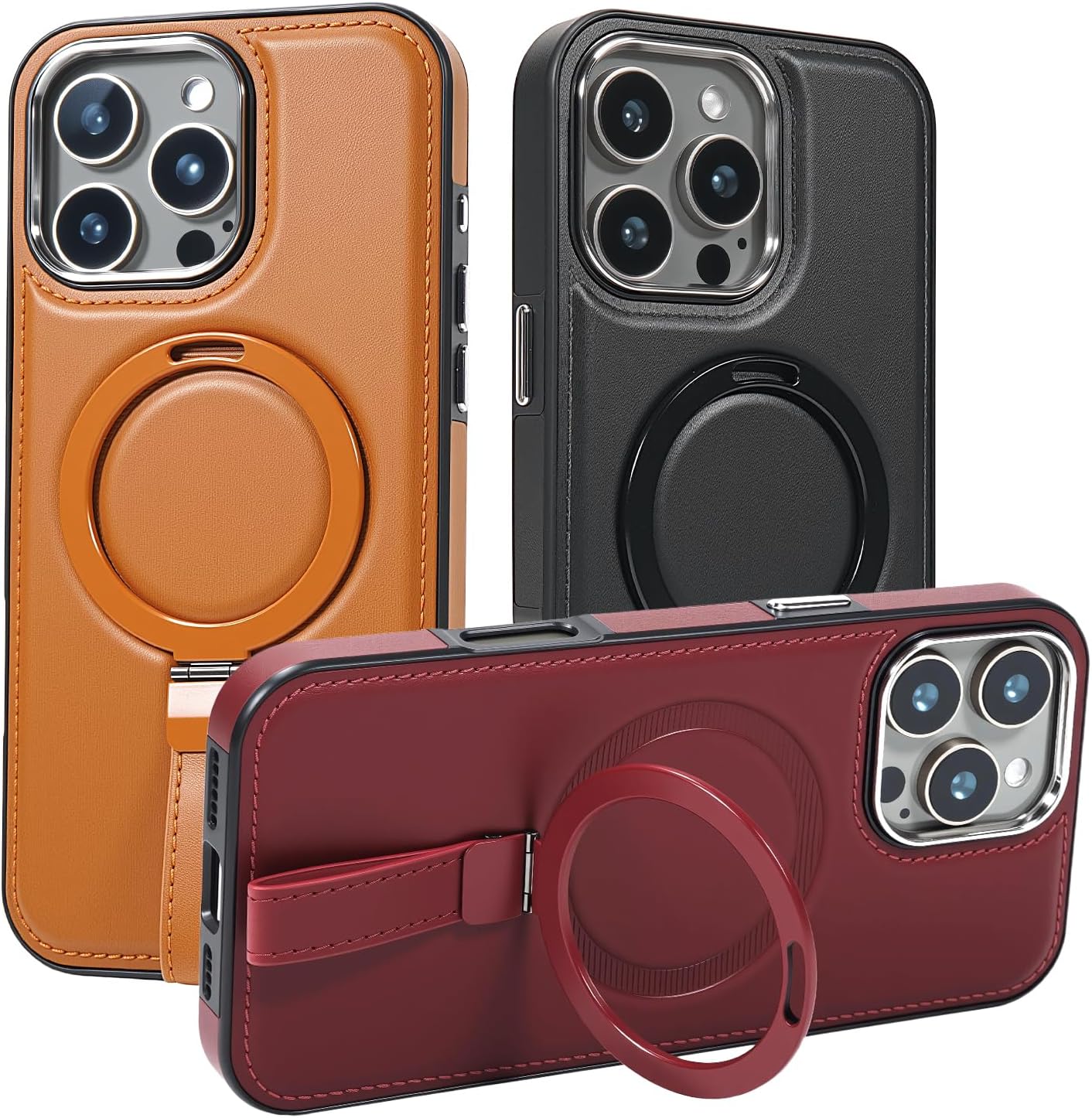 Leather Case, Suitable for iPhone 15 Pro Max Case, Invisible Magnetic Design, Equipped with a Lanyard and Foldable Stand, Black, Yellow and red (Red, iPhone 15 Pro Max)